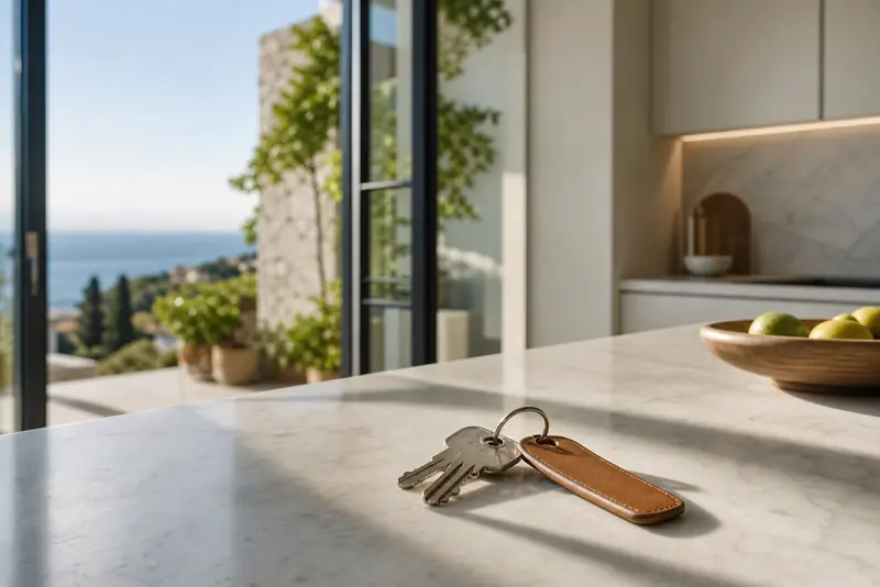 New keys on a marble kitchen island with the sea behind