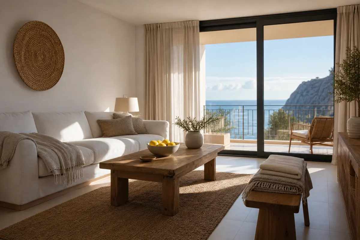 A bright holiday apartment ready for winter guests, sea view through the terrace door
