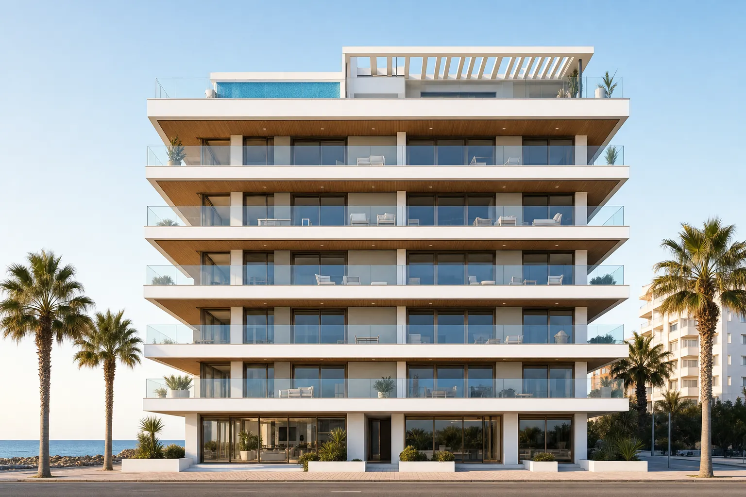 Costora Brisa: a white six-level seafront building with deep glass terraces and a rooftop pool (visualisation)